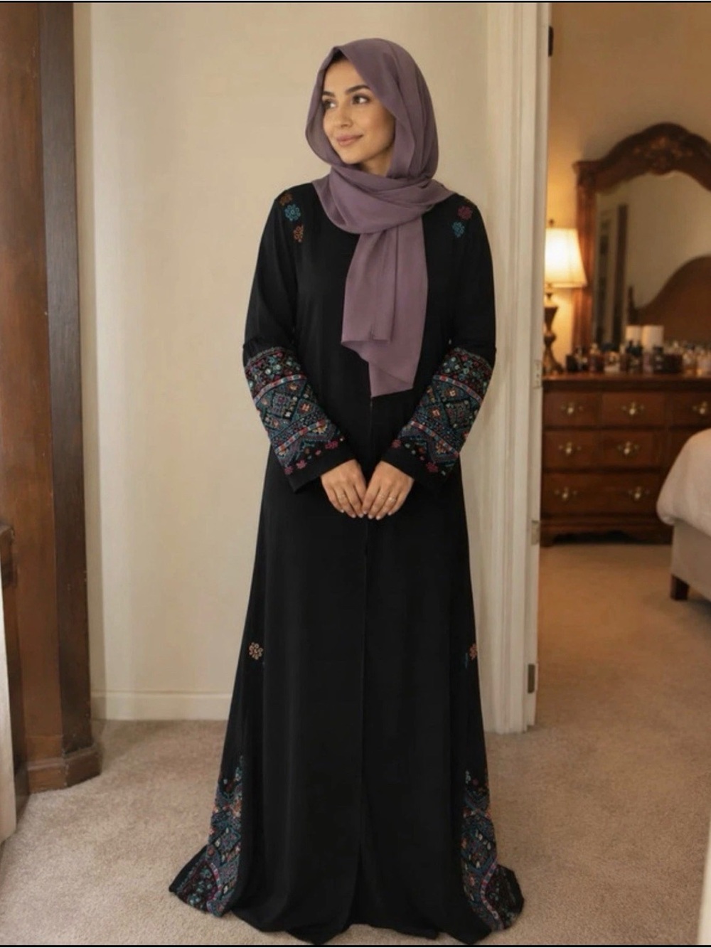 Black Embroidered Abaya Dress with Purple Hijab